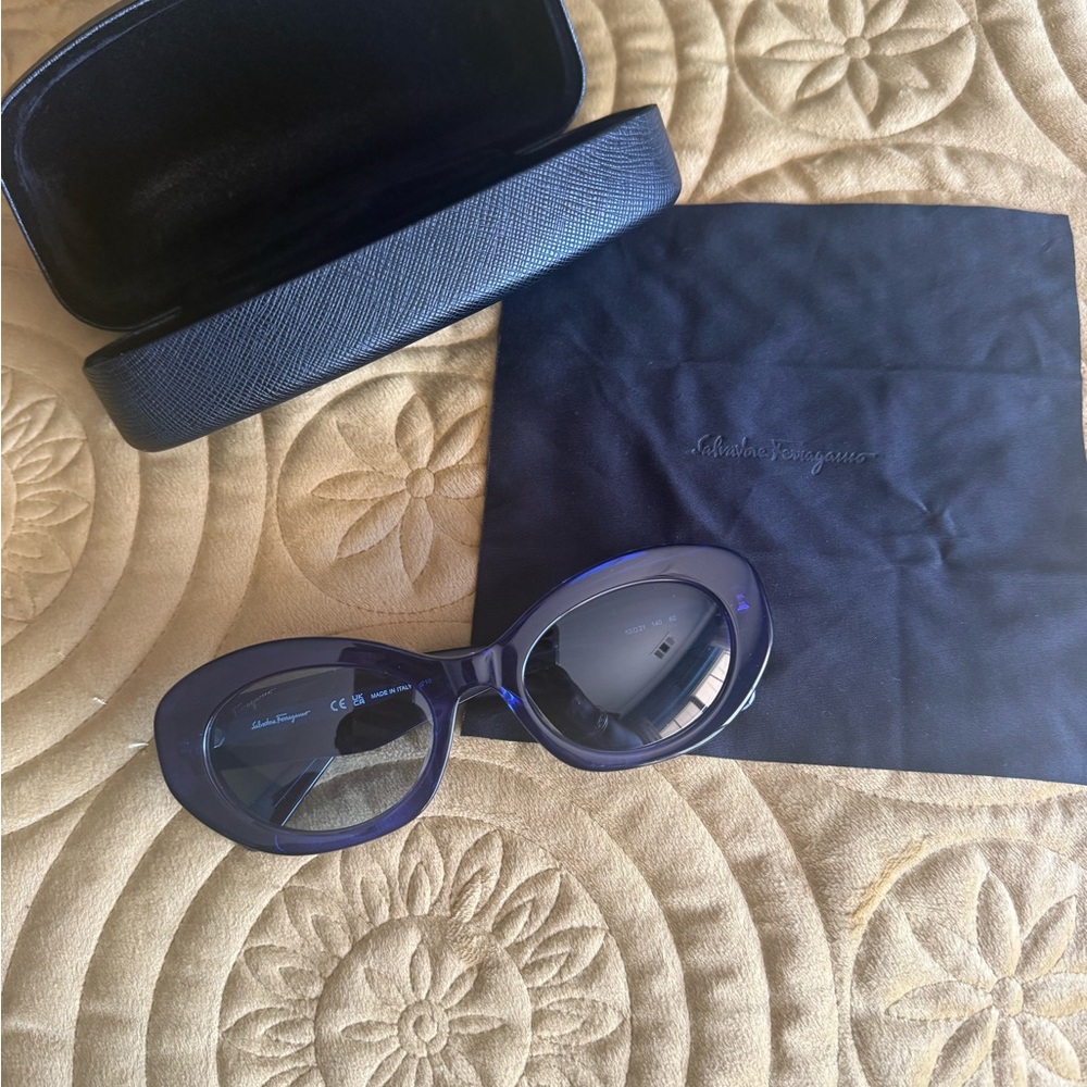 Salvatore Ferragamo Women's Dark Blue Oval Acetate Sunglasses - Picture 6 of 10